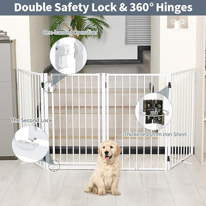 Metal Freestanding Dog Gates with Door for Outdoor Indoor,80'' Extra Wide 32'' Tall Free Standing Dog Gate for Doorways,Large Openings,Deck,Yard,Porch,Foldable Pet Fence(White,4 Panels)