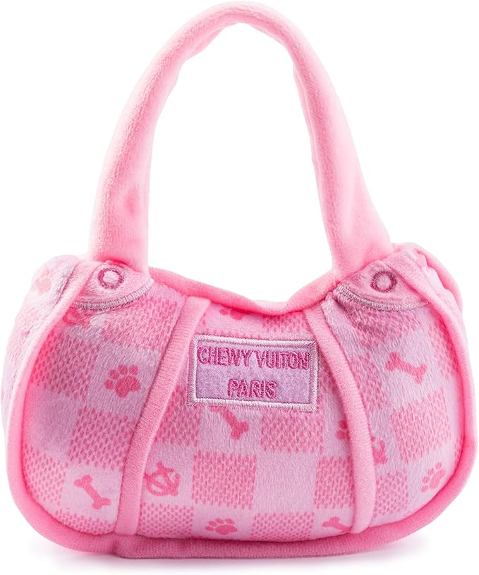 Haute Diggity Dog Chewy Vuiton Handbag Plush Squeaky Dog Toy, Soft Durable Designer-Inspired Stuffed Puppy Chew Toys for Small & Medium Dogs, Machine-Washable (Pink Checker) Large