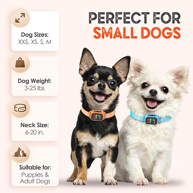 Tiny Bark Collar for Small Dogs 5-15 lbs and Puppies - No Shock Anti Barking Collar - Rechargeable Smart Collar for Dog Training with 7 Sensitivity Levels and 3 Beep&Vibration Modes (Pure Orange)