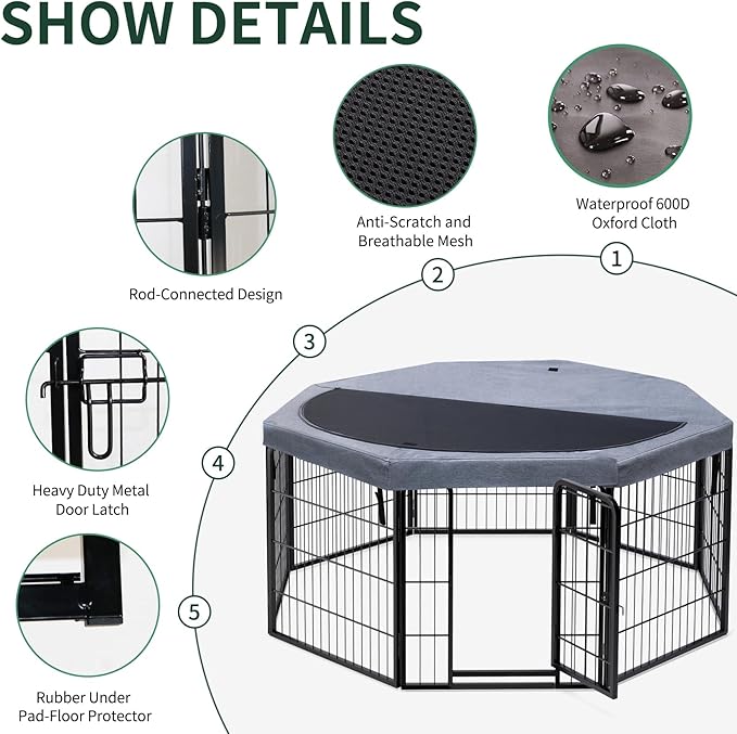 PETIME Dog Playpen,Metal Exercise Puppy Pen Heavy Duty Kennels Yard Fence Indoor/Outdoor 22" W x 24" H 8 Panels Dog Cage with Octagon Top Cover