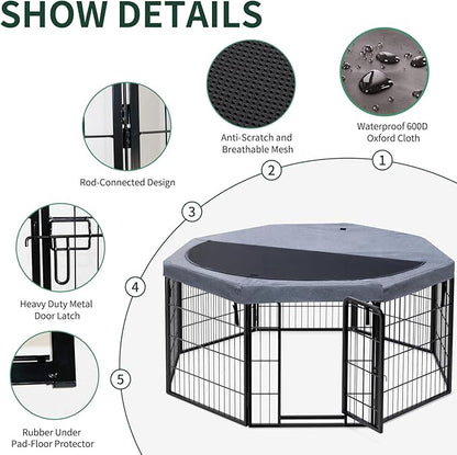 PETIME Dog Playpen,Metal Exercise Puppy Pen Heavy Duty Kennels Yard Fence Indoor/Outdoor 22" W x 24" H 8 Panels Dog Cage with Octagon Top Cover
