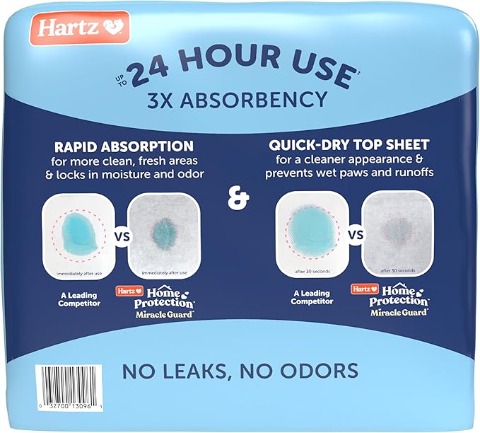 Hartz Miracle Guard Dog and Puppy Dog Pads Max Absorbency 24 Hour Use Odor Eliminating No Leaks, Regular Size 50 Count