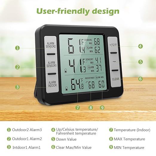 KeeKit Refrigerator Thermometer, Indoor Outdoor Thermometer with 2 Sensors, Wireless Digital Freezer Thermometer with Audible Alarm Temperature Gauge, Min/Max Record for Home, Kitchen
