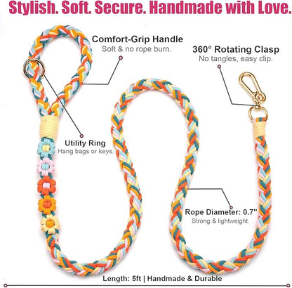 Handmade 5ft Braided Cotton Dog Leash with Unique Floral Handle, Durable and Stylish, Ideal for Small to Large Dogs,Rainbow Mix