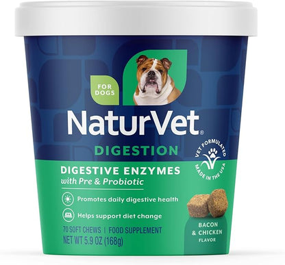 NaturVet – Digestive Enzymes - Plus Probiotics & Prebiotics – Helps Support Diet Change & A Healthy Digestive Tract – for Dogs (Soft Chews, 70 Count)