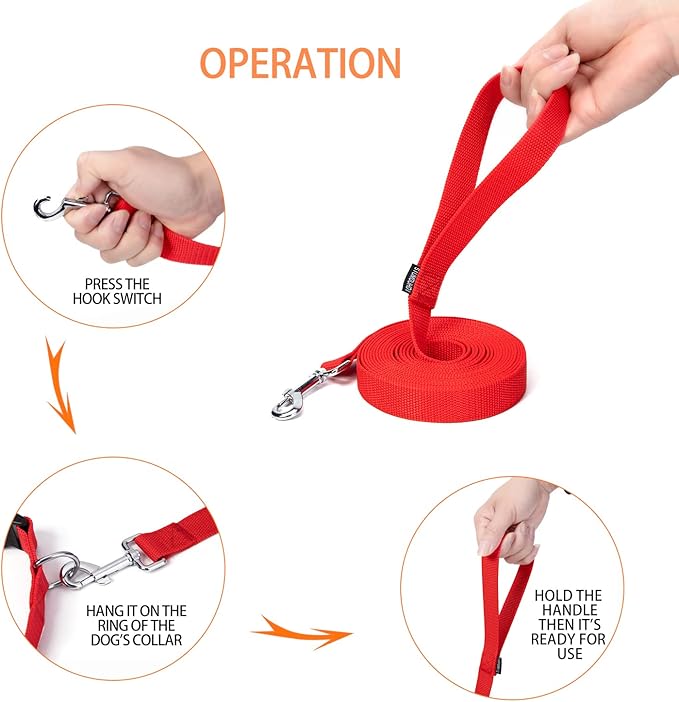 Strong Durable Nylon Dog Training Leash, 1 Inch Wide Traction Rope, 6 ft 10ft 15ft Long, for Small and Medium Dog (Red, 15 Feet)
