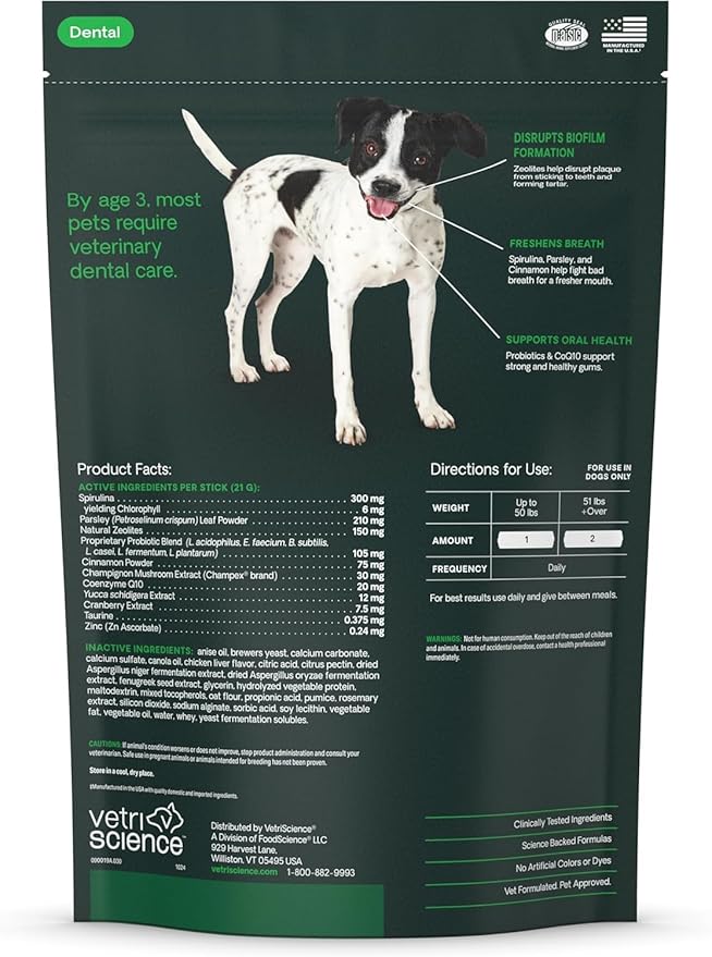 VetriScience Healthy Mouth Dental Chews, Perio Plus Sticks for Dogs, with Probiotics, Spirulina & Zeolites, Breath Freshening, Plaque & Tartar Control, Chicken, 30 Count