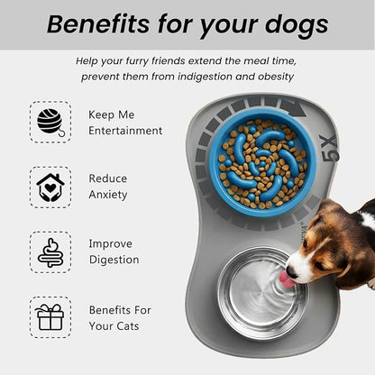 YINEYA Slow Feeder Dog Bowls Stainless Steel Food and Water Bowl Set 3 in 1 No Spill Waterproof Silicone Pet Food Mat Puppy Feeding Station for Large Medium Small Breed Non Slip Metal Dish Tray