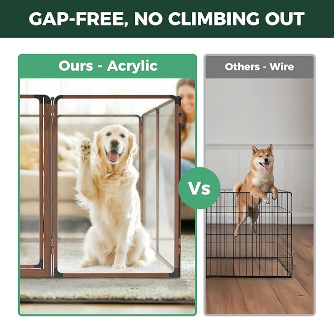 FXW AuraSpace Pro Acrylic Indoor Dog Playpen, Heavy-Duty with Metal Frame, 40" Height 6 Panels for Medium and Large Dogs, Walnut│Patented