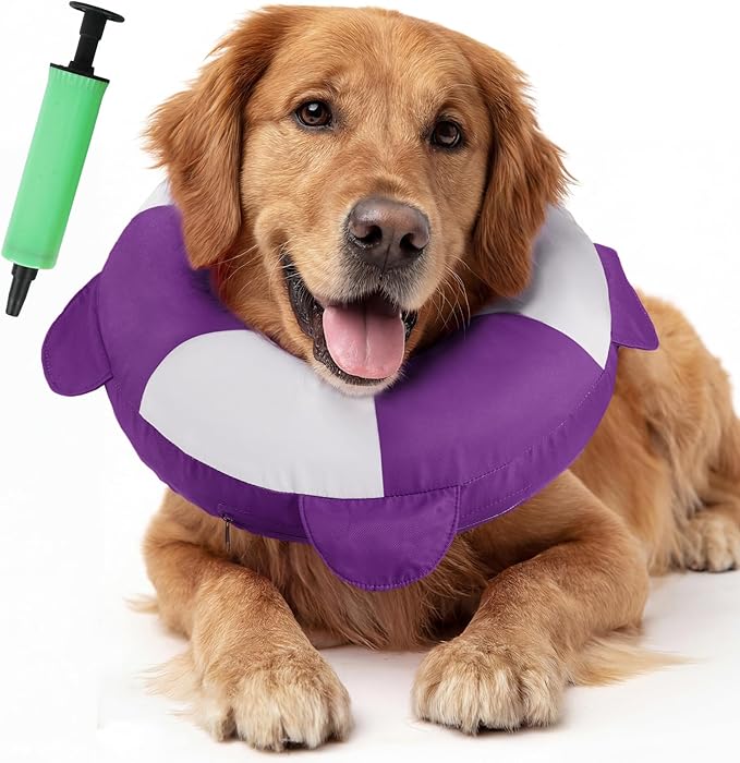 IECOii Inflatable Dog Pillow Cone Collar Alternative, Adjustable Neck Donut Cone for Dog After Surgery Prevent from Biting & Licking, Soft Blow Up Dogs Head Cone Recovery E Collar for Medium Dogs, L