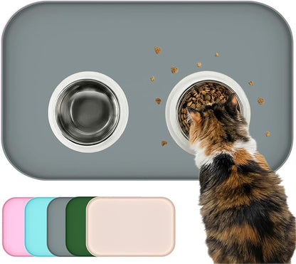 BLESWIN Waterproof Silicone Pet Feeding Mat Grey with Raised Edge,24" x 16"Non-Skid Spill Proof Dog Bowl Mats, Easy Clean Cat Bowls Placemat for Cats and Dogs