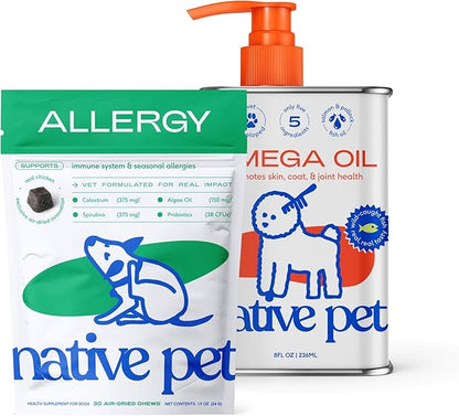 Native Pet Itchy Skin Bundle: Allergy Chews for Dogs (30 Air-Dried Chews) + Omega Oil for Dogs (8 Oz) - Allergy Relief + Itching Relief Probiotics for Itchy Skin & Fish Oil