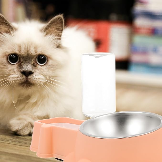 Hemobllo Automatic Stainless Steel Dog Feeding Bowl 2-in-1 Pet Food Dispenser and Water Container Orange Pink for Home Use