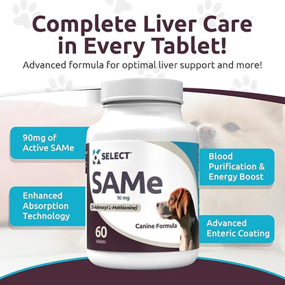 K9 Select SAM-E for Dogs – Dog Liver Supplement for Small and Medium Adult Dogs – Canine Liver Health & Detox – Hepato Support, Multivitamin for Cell-Growth, 60 Tablets