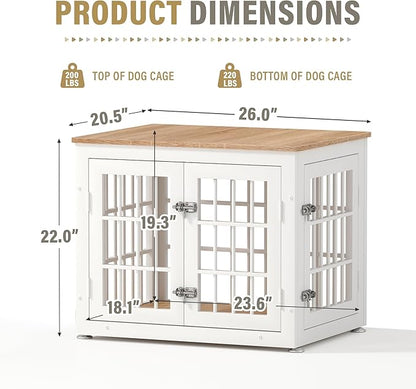 rehomerance 26 Inch Heavy Duty Dog Crate Furniture for Small Dogs, Decorative Pet House End Table, Wooden Cage Kennel Furniture Indoor, White and Natural