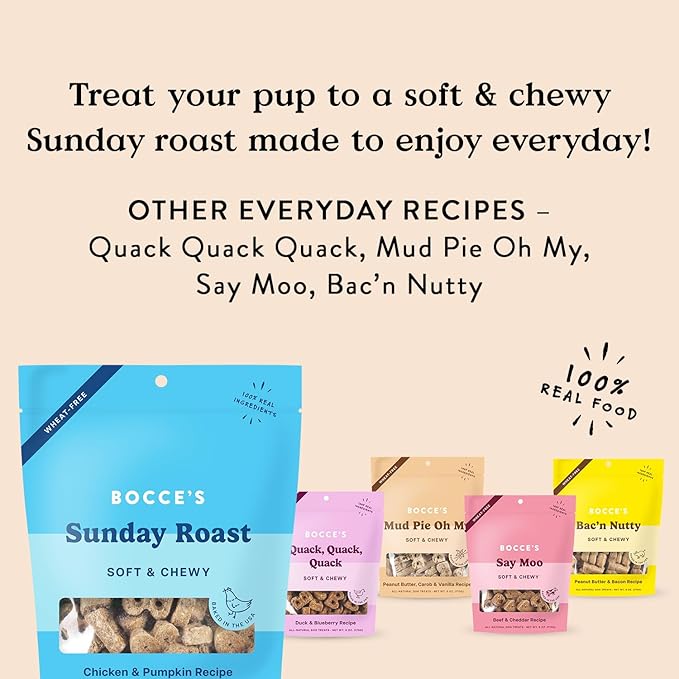 Bocce's Bakery Oven Baked Sunday Roast Treats for Dogs, Wheat-Free Everyday Dog Treats, Made with Real Ingredients, Baked in The USA, Natural Soft & Chewy Cookies, Chicken & Pumpkin Recipe, 6 oz