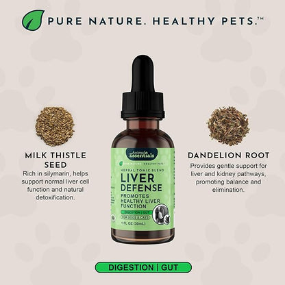 Animal Essentials Liver Defense for Dogs & Cats - Liver & Kidney Support for Pets, Milk Thistle for Dogs & Cats, Dandelion Supplement, Liquid Supplement, Detox Cleanser Blend - 1 Fl Oz
