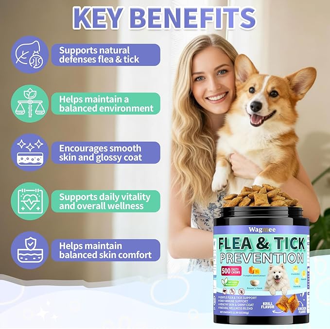 Flea and Tick Prevention for Dogs Chewables – 500 Crunchy & Creamy Tasty Chews, Natural Dog Flea and Tick Treatment Chewable, Oral Flea Chews Supplement for Dogs Puppies, All Breeds & Ages, Chicken
