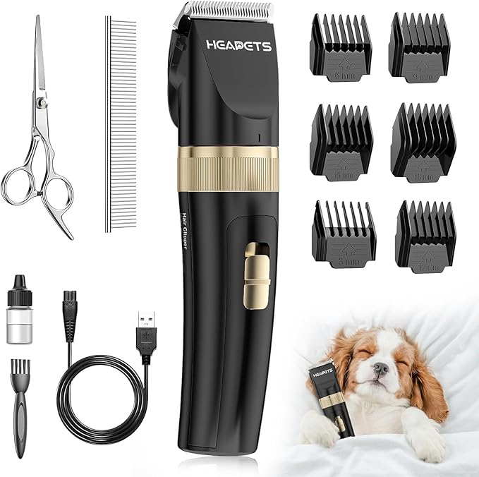 HEAPETS Dog Clippers for Grooming, Low Noise, Electric Quiet, Adjustable Clipper Comb, Rechargeable Cordless Dog Hair Clippers for Dogs Cats Pets, Black