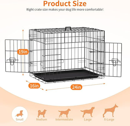 FDW Dog Crate 24-Inch Dog Cage Single Door Foldable Metal Kennel with Leakproof Tray Foldable Design Indoor Outdoor Use for Small Dogs,Dark Black