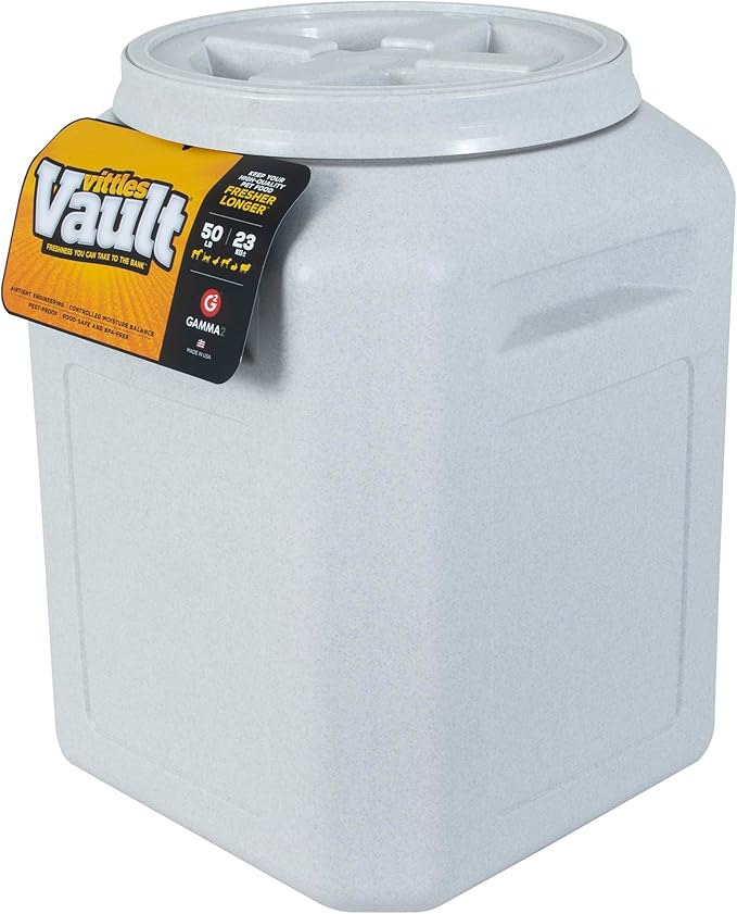 Vittles Vault Traditional Pet Food Storage Container For Dog Kibbles/Bird Seed/Oatmeal/Rice/Flour/Cereal, BPA Free Plastic, Sealed Airtight For Cat Food, Up To 50 lb, Made in USA, With Scoop, Gray