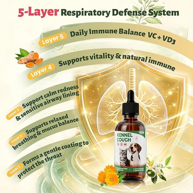 Kennel Cough Treatment Drop for Dogs &Cats,Help Wet and Dry Cough Relief,Seasonal Throat Discomfort, Natural Herbal Cough Liquid with Licorice,Ginger for All Breeds & Sizes,2 fl oz Bacon Flavor