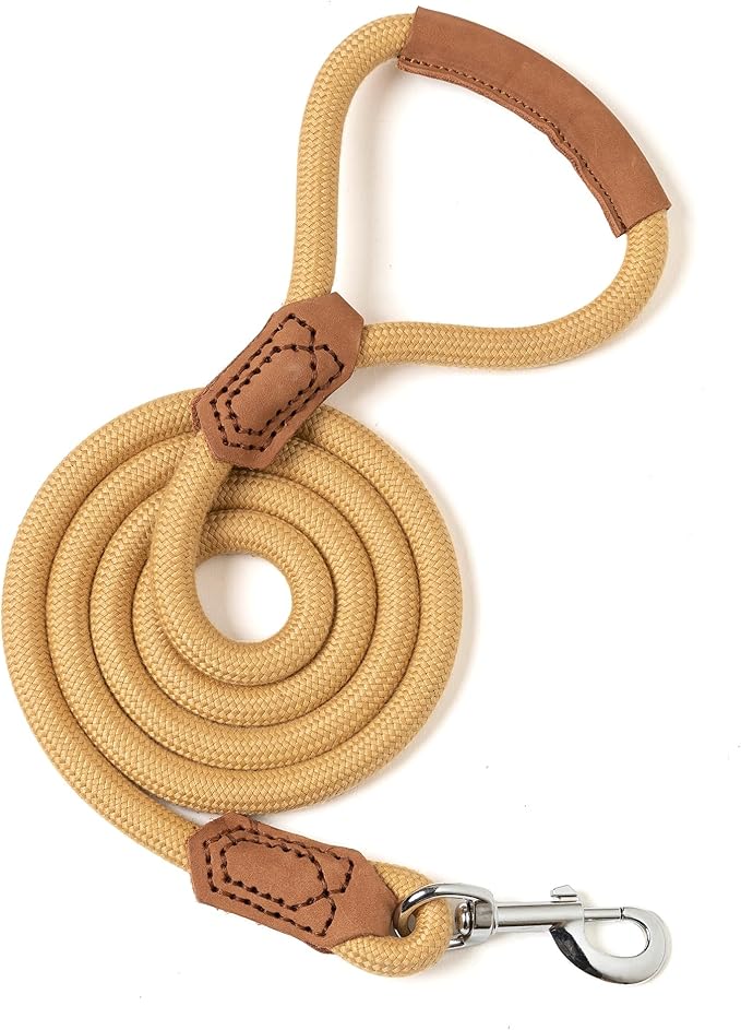 Mile High Life | Premium Leather Handle Dog Leash | Strong Rope Leash | Zinc Alloy Strong Clasp | Small Medium Large Dogs | 4/5/6 Feet(Yellow, 72 Inch (Pack of 1))