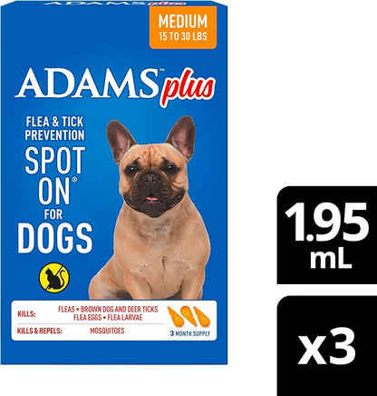 Adams Plus Flea & Tick Prevention Spot On for Dogs 15-30 Pounds, 12 Weeks & Older, 3-Month Supply, Kills Fleas, Flea Eggs, Flea Larvae & Brown Dog & Deer Ticks, Kills & Repels Mosquitoes For 30 Days