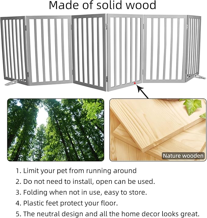 ZJSF Freestanding Indoor Dog Gate for House Foldable Wood Puppy Gate for Doorways Pet Gate for Stairs Extra Wide Pet Fence, Grey, 32" Height 6 Panels