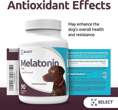 K9 Select Dog Melatonin for Large Dogs - Composure Dog Calming Chews - Canine Melatonin for Sleep - Reduce Stress for Large Canines - 6 mg, 90 Beef Flavored Chewable Tablets