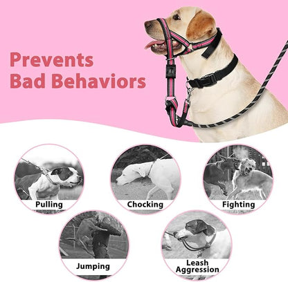 BARKLESS Soft Dog Head Collar, Patented Padded No Pull Head Halter, Training Nose Leash with Safety Link for Medium Large Dogs, Adjustable Muzzle Leash, Easy Control for Walking(Pink, XL)