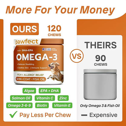 PawfectCHEW Fish Oil Omega 3 for Dogs - Allergy Relief - Joint Health - Itch Relief, Shedding - Skin and Coat Supplement - Alaskan Salmon Oil Chews - Omega 3 6 9 - EPA & DHA Fatty Acids
