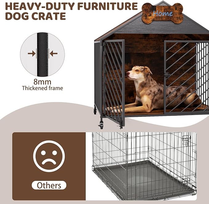 Furniture Dog Crate for Small & Medium Dogs, 32" Gable Roof Indoor Kennel with Double Locking Doors, Escape Proof Chew Proof Metal Dog Cage, Heavy Duty Wood-Style Crate for Home Decor, Rustic Brown