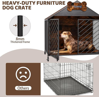 Furniture Dog Crate for Small & Medium Dogs, 32" Gable Roof Indoor Kennel with Double Locking Doors, Escape Proof Chew Proof Metal Dog Cage, Heavy Duty Wood-Style Crate for Home Decor, Rustic Brown