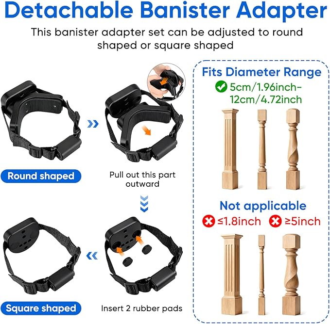 2Pcs Baby Gate Stair Railing Banister Adapter, Fits 1.9-4.72'' Diameter Universal Banisters, Wide Square/Round Railings No-Drilling Mounting Fittings for Retractable Gates,Adjustable Fixed Strap