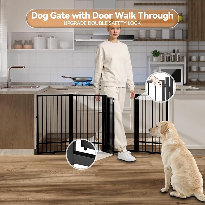 SNUOWU Full Metal Freestanding Dog Gate with Door, 36''Height Foldable Pet Dog Fence for Indoor & Outdoor, 4 Panels Extra Wide Free Standing TallDog Gates for Doorways,House,Stairs,Porch,Deck,Yard