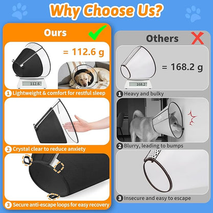 Dog Cone Collar, Clear Soft Cone for Dogs After Surgery to Stop Licking, Breathable Mesh Recovery Collar with Elastic Loop for Snug Fit, Adjustable E-Collar for Large Dogs, Black Size 6