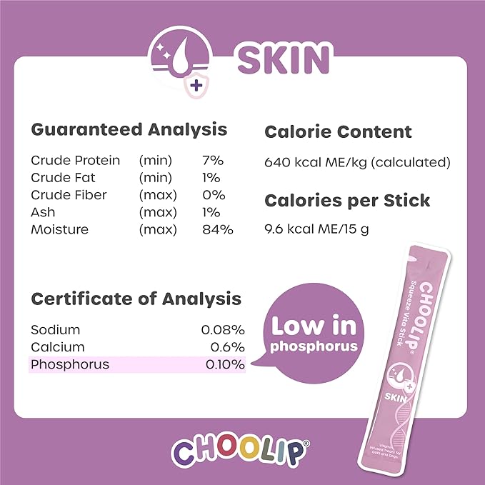 Choolip Squeeze Vita Stick Lickable Cat and Dog Treats, 7-Count Skin and Coat Support, Salmon and Pollack with Biotin and Vitamin E, Vet-Formulated