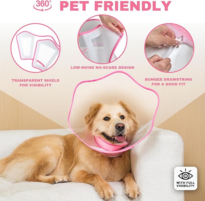 Arblina Soft Dog Cone Collar After Surgery,2-in-1 Adjustable Sponge Recovery Collar to Stop Licking Biting Wounds, Pet Elizabethan Dog Cone Alternative with Shield, L