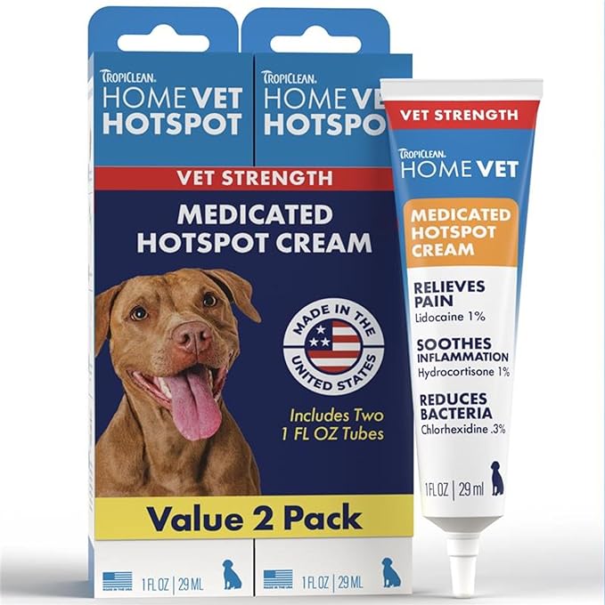 TropiClean HomeVet Medicated Cream, Hot Spot Treatment for Dogs, Fast Itch Relief, with Vet Strength Chlorhexidine & Hydrocortisone, USA Made, 2 Pack