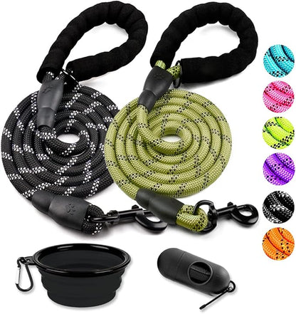 COOYOO 2 Pack Dog Leash 6 FT Heavy Duty - Comfortable Padded Handle - Reflective Dog Leash for Medium Large Dogs with Collapsible Pet Bowl