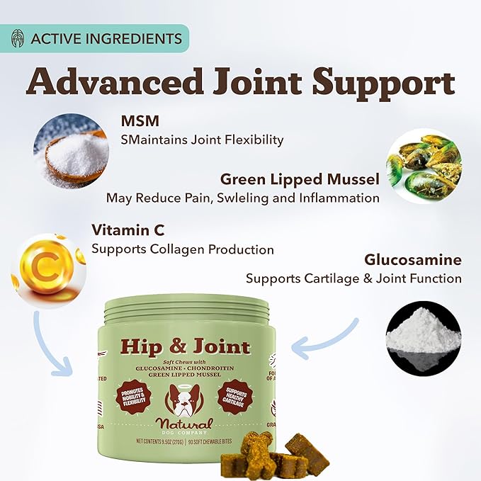 Natural Dog Company Hip & Joint Supplement Chew for Dogs – Supports Mobility, Flexibility & Comfort, Glucosamine, Chondroitin, MSM & Turmeric, Chicken Flavor, 90 Count