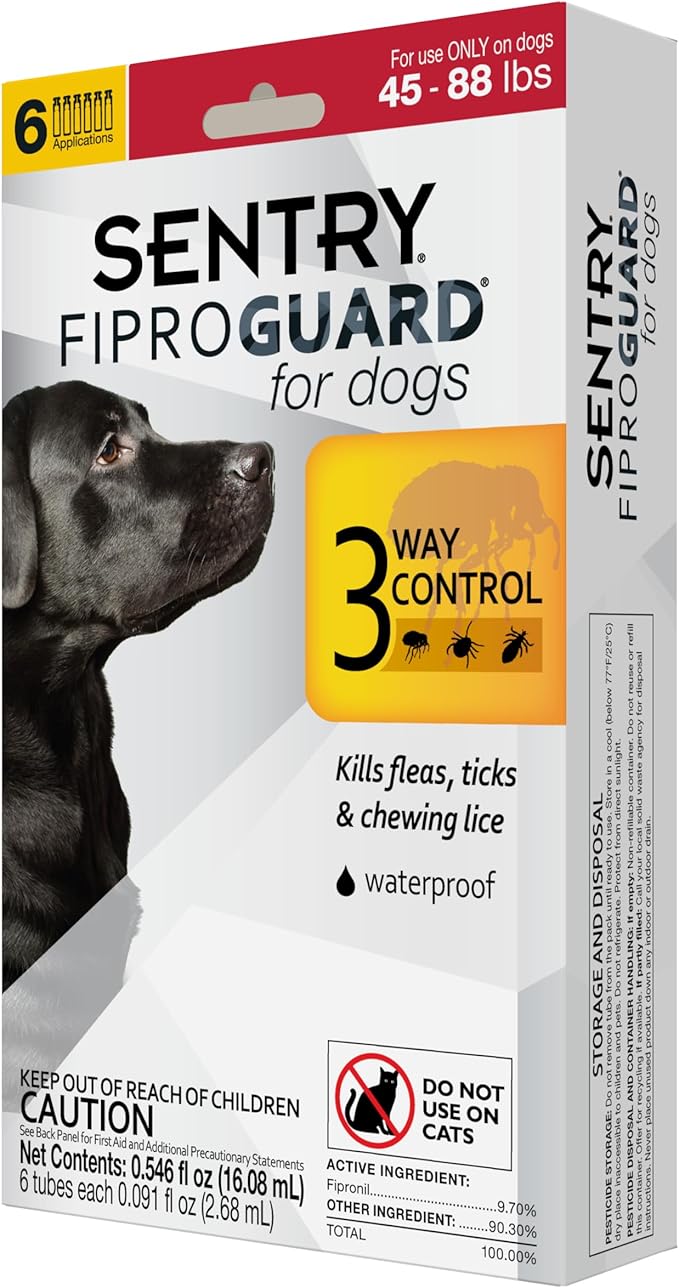 Sentry Fiproguard for Dogs, Flea and Tick Prevention for Dogs (45-88 Pounds), Includes 6 Month Supply of Topical Flea Treatments