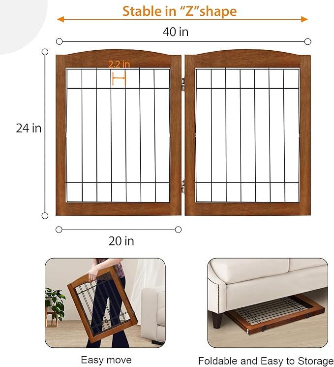 LZRS 2-Panel Freestanding Foldable Wood Dog Gate – Solid Wood & Steel Wire, Chew-Resistant Pet Barrier for Indoor Use, Ideal for Small to Medium Dogs, Cherry