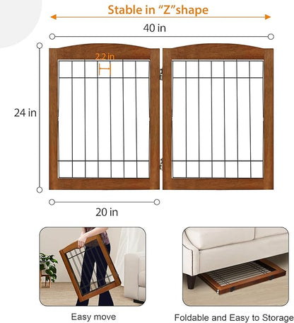 LZRS 2-Panel Freestanding Foldable Wood Dog Gate – Solid Wood & Steel Wire, Chew-Resistant Pet Barrier for Indoor Use, Ideal for Small to Medium Dogs, Cherry