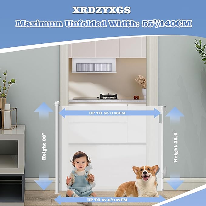 Retractable Baby Gate for Stairs Doorways - Extra Wide 55" No-Drill Pressure Mount OR Screw Mount, Space Saving Mesh Gate with No Bottom Bar Trip Hazard, for Indoor Outdoor Use with Kids, Dogs & Cats