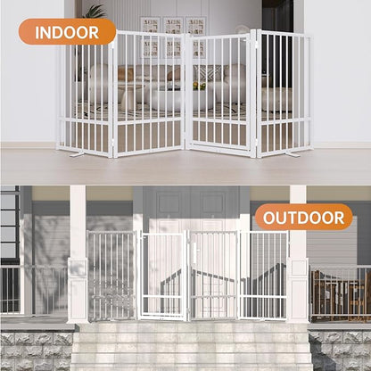SNUOWU Full Metal Freestanding Dog Gate with Door, 32''Height Foldable Pet Dog Fence for Indoor & Outdoor, 2 Panels Extra Wide Free Standing TallDog Gates for Doorways,House,Stairs,Porch,Deck,Yard