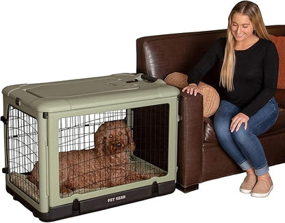 Pet Gear “The Other Door” 4 Door Steel Crate for Dogs/Cats with Garage-Style Door, Includes Plush Bed + Travel Bag, No Tools Required, Sage, 36 Inch