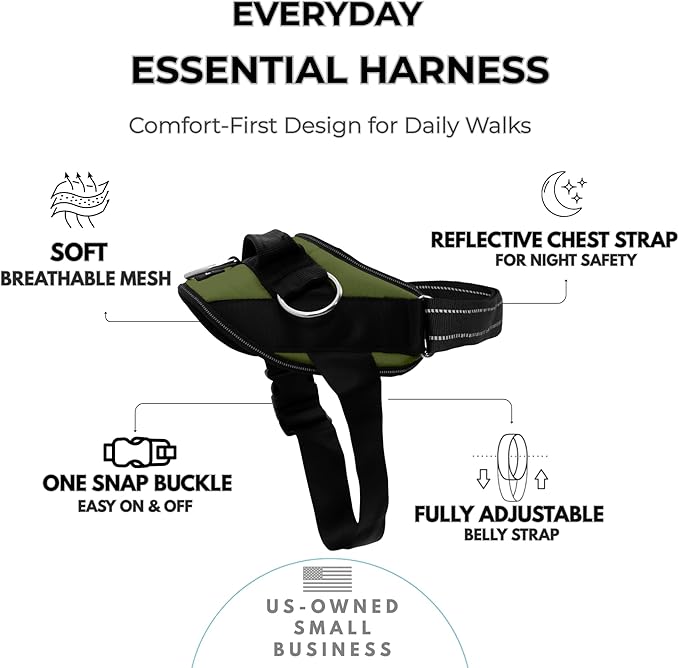 ShawnCo Essential Dog Harness, No-Pull Pet Vest with 3 Leash Clips, No Choke, Reflective, Adjustable and Padded, for Easy Walking and Training for Small, Medium and Large Dogs (Olive Green, M)