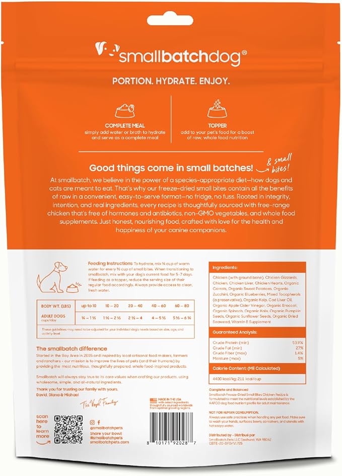 smallbatch Pets Freeze-Dried Raw Dog Food – Chicken Recipe –20 oz Small Bites – High Protein, Grain Free – Complete Meal or Topper – Made in USA with Organic Superfoods (20 Oz, Chicken)